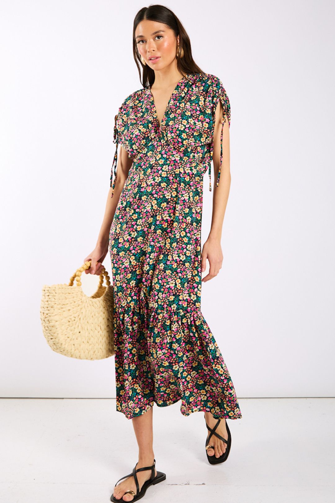 Needs No Label Multicoloured Floral Gathered Sleeve Midi Dress