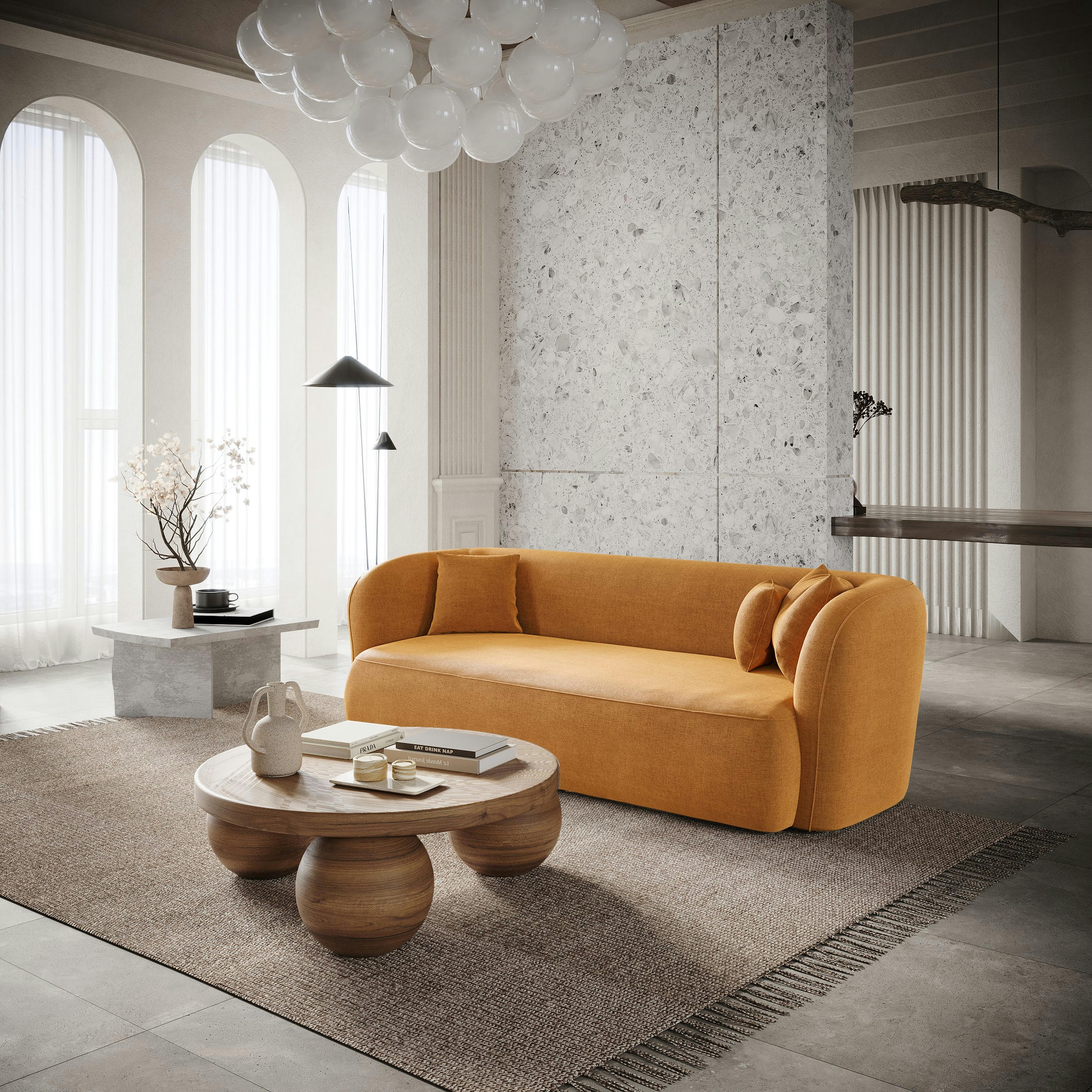 EMY - Canapé 3 places velours moutarde