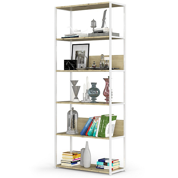 Bibliotheque murale industrielle Blanche 80 cm façade Chêne Artisan 6 étagères 80x32x192 cm
