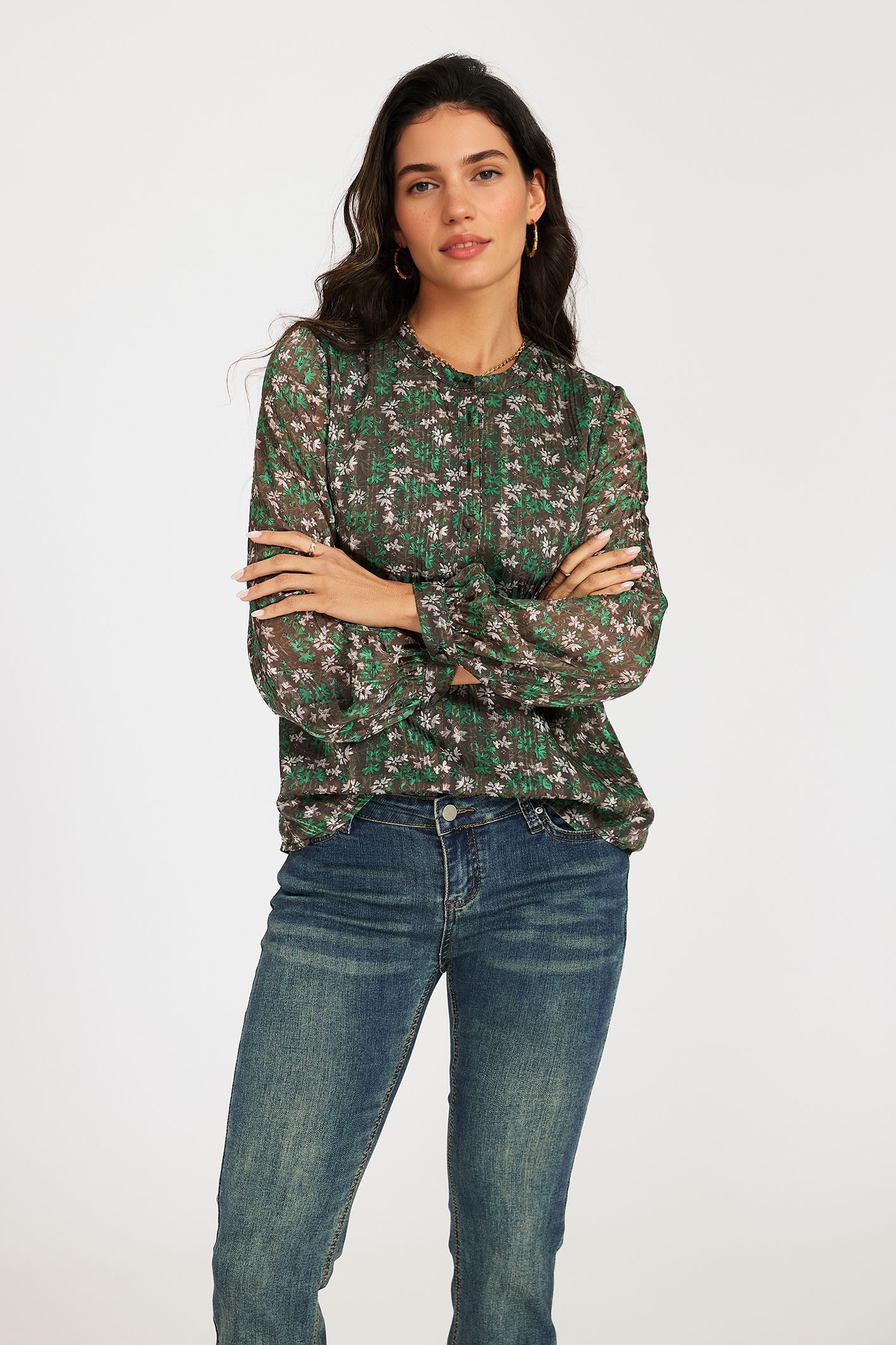 FS Collection Silver Thread Floral Grandad Sheer Brown Blouse