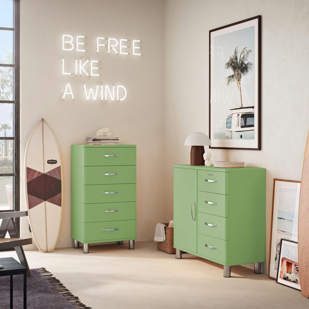 MALIBU - Commode 5 tiroirs style rétro vert