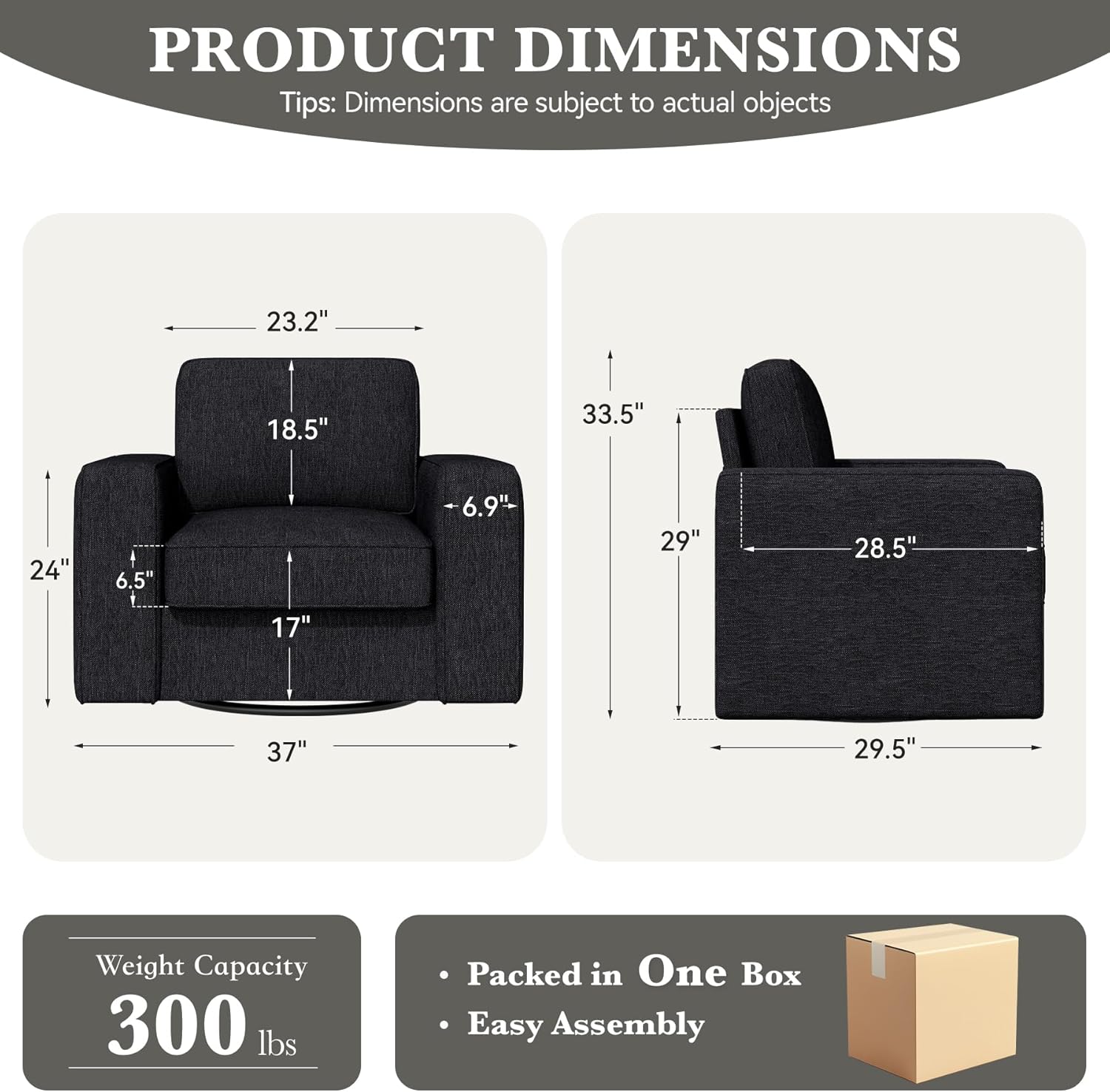 Swivel Accent Sofa Chair Set of 2, 360 Degree Rotation 36'' Width Oversized Wingback Armchair Linen Fabric Single Thick Cushion Soft Living Room, Office Black