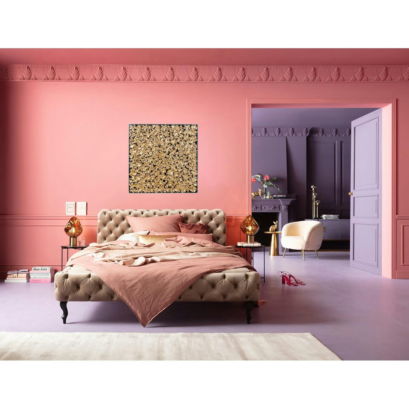 GOLD LEAF - Tableau feuilles dorées en relief sous vitre 120x120