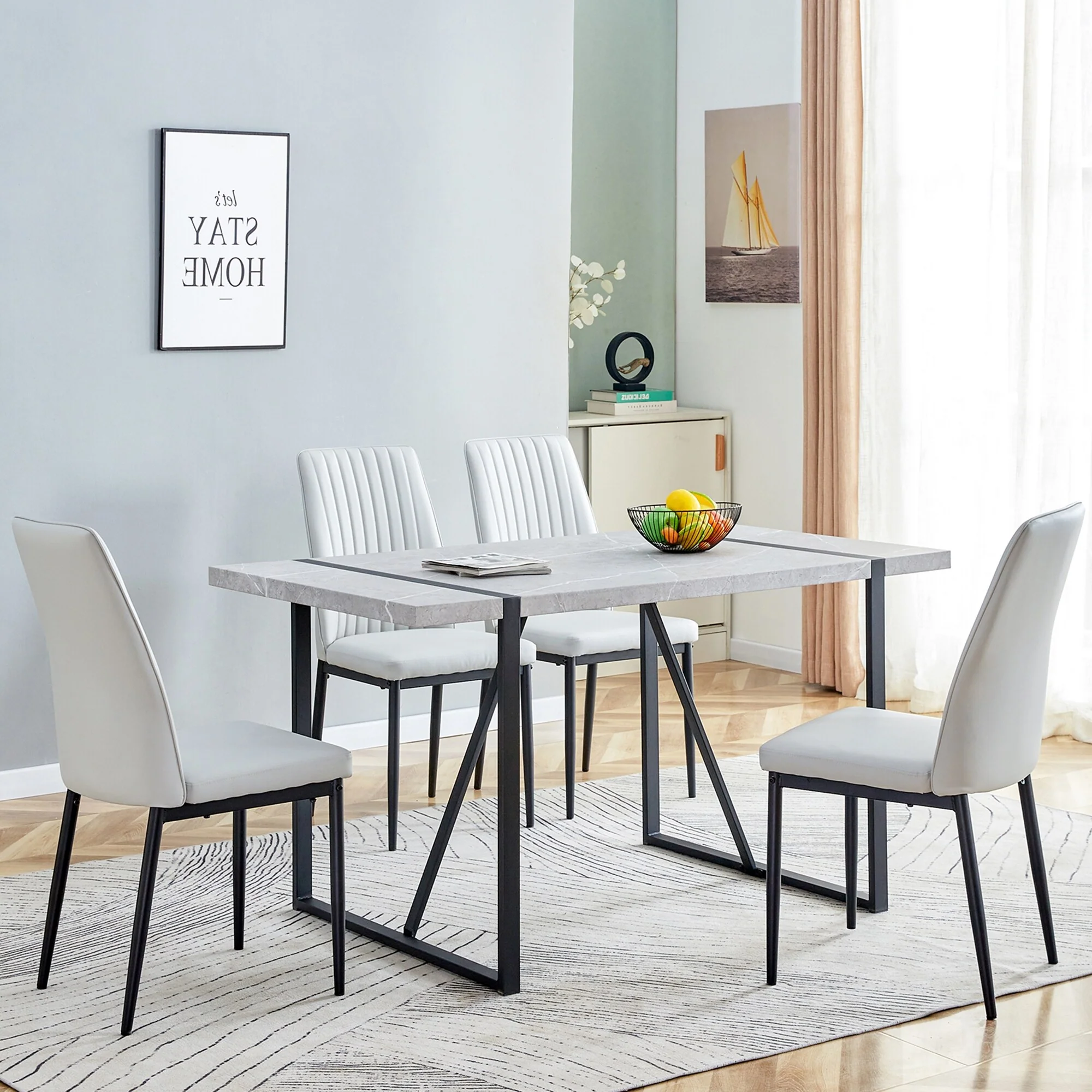 5 Piece Dining Table Chairs Set for 4, Rectangular Dining Room Table Set with 4 Faux Leather Chairs and Dining Table