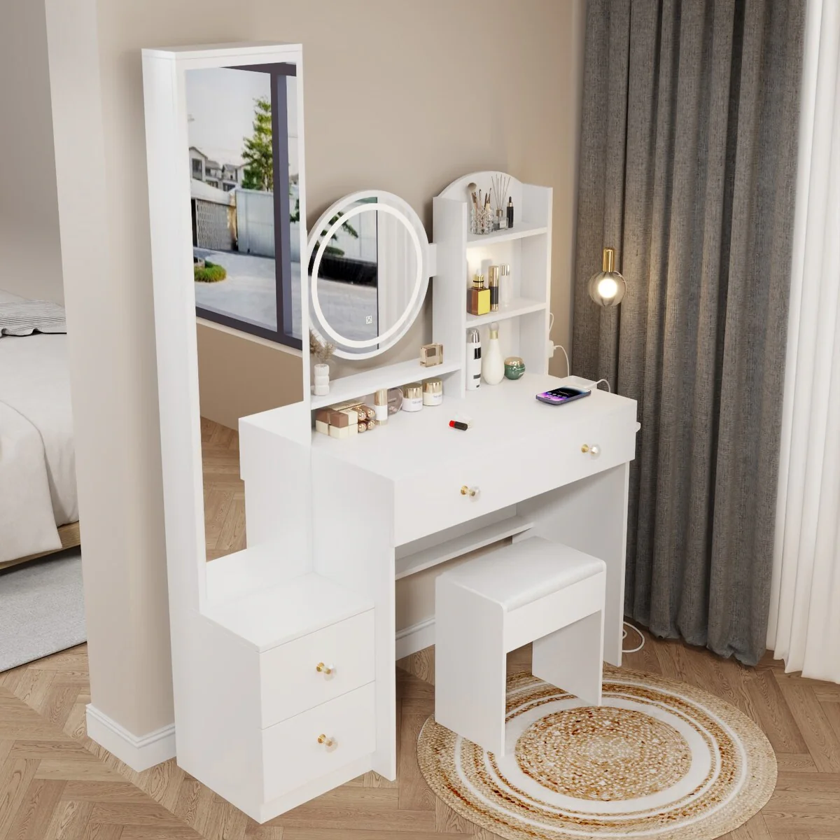 Adjustable LED Makeup Vanity with Mirror, Stool and USB Port
