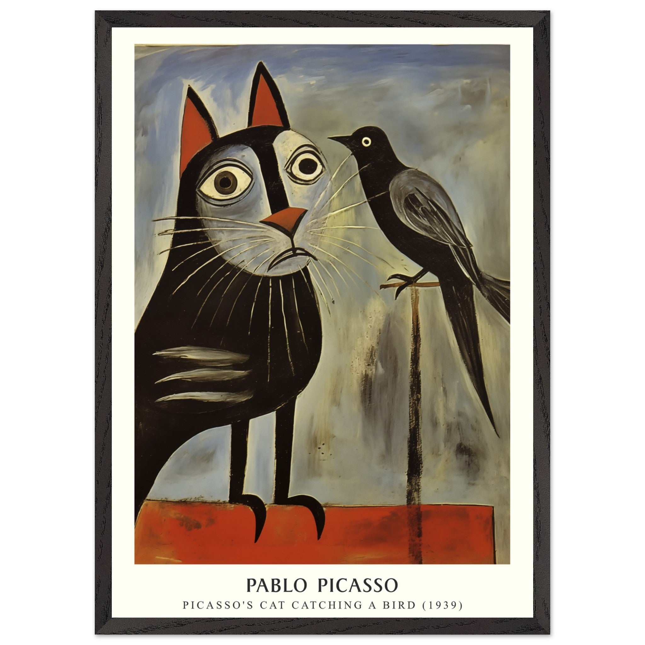 Artfulprints Poster met Lijst Pablo Picasso - Picasso's cat catching a bird  - 50x70 cm - Grijs