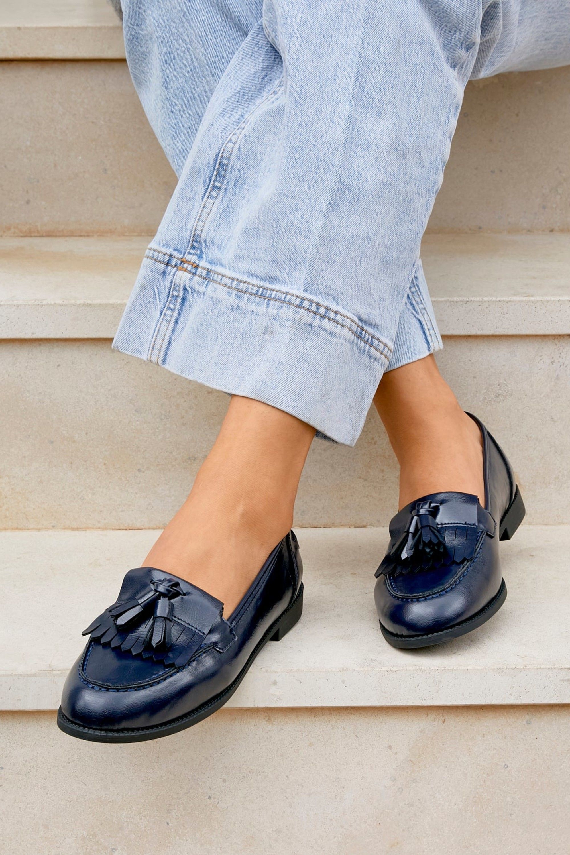 Linzi Rosemary Navy Faux Leather Classic Slip On Loafer