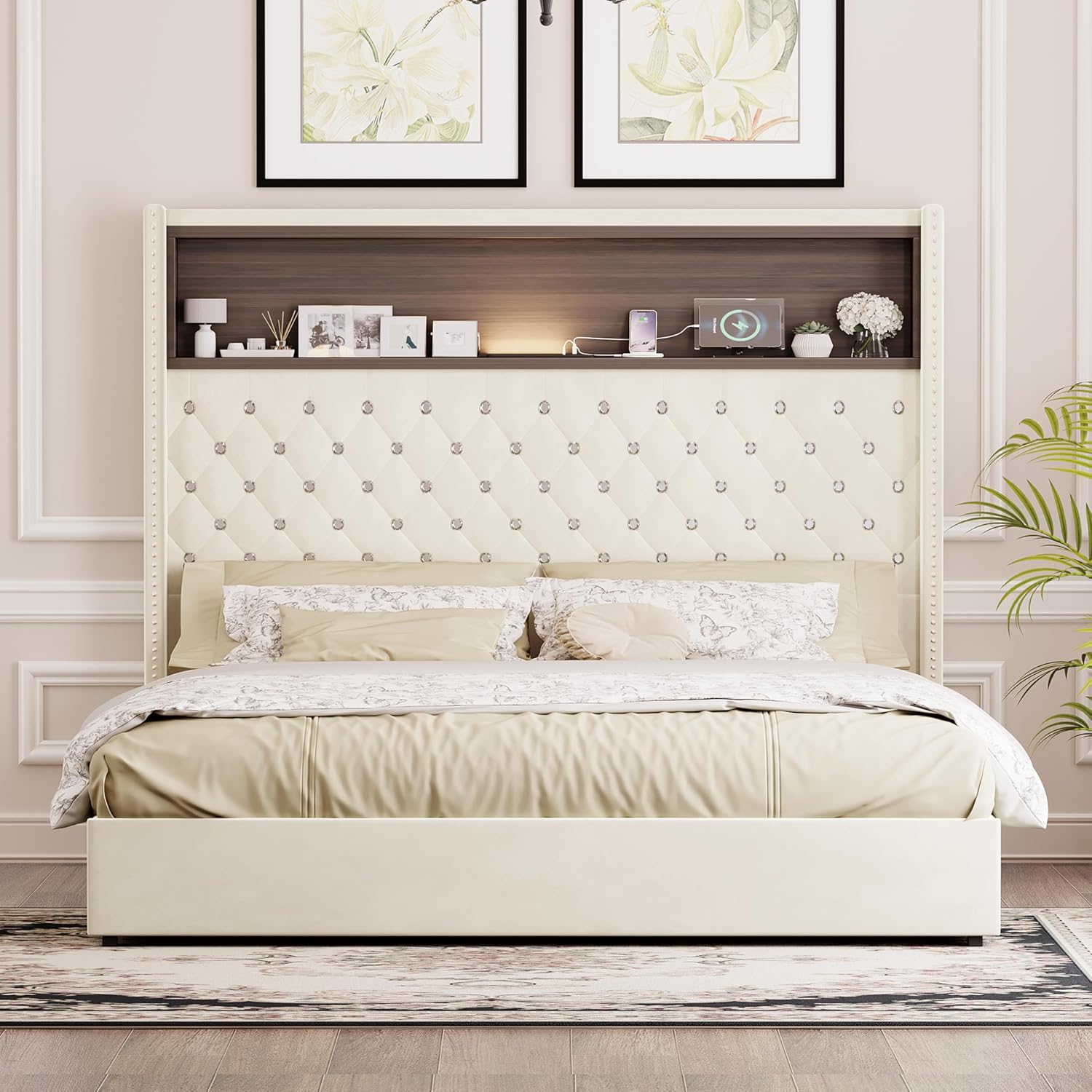 Merax Queen Size Velvet Bed Frame with 52'' High Headboard, USB Charging Port and Night Light, Soft Tufted Upholstered & Rivet Decoration, Wing-Back Platform Bed, Beige