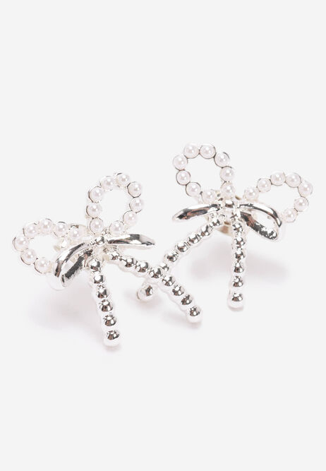 Womens Silver Bow Mini Pearl Stud Earrings