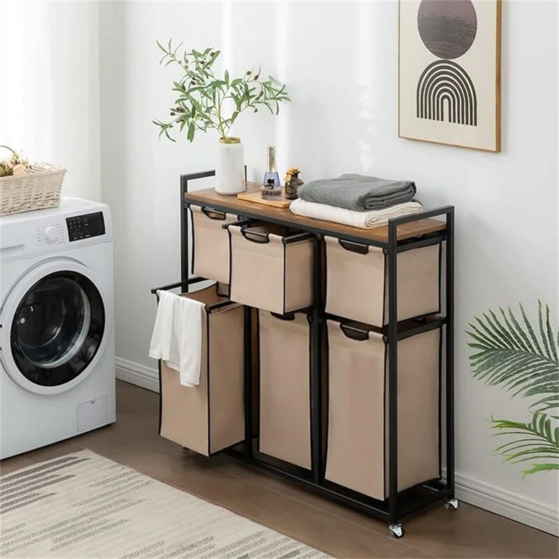 Laundry Hamper with 6 Sliding Laundry Sorter Bags, Top Storage Shelf - 38.6L x 13W x 39.4H