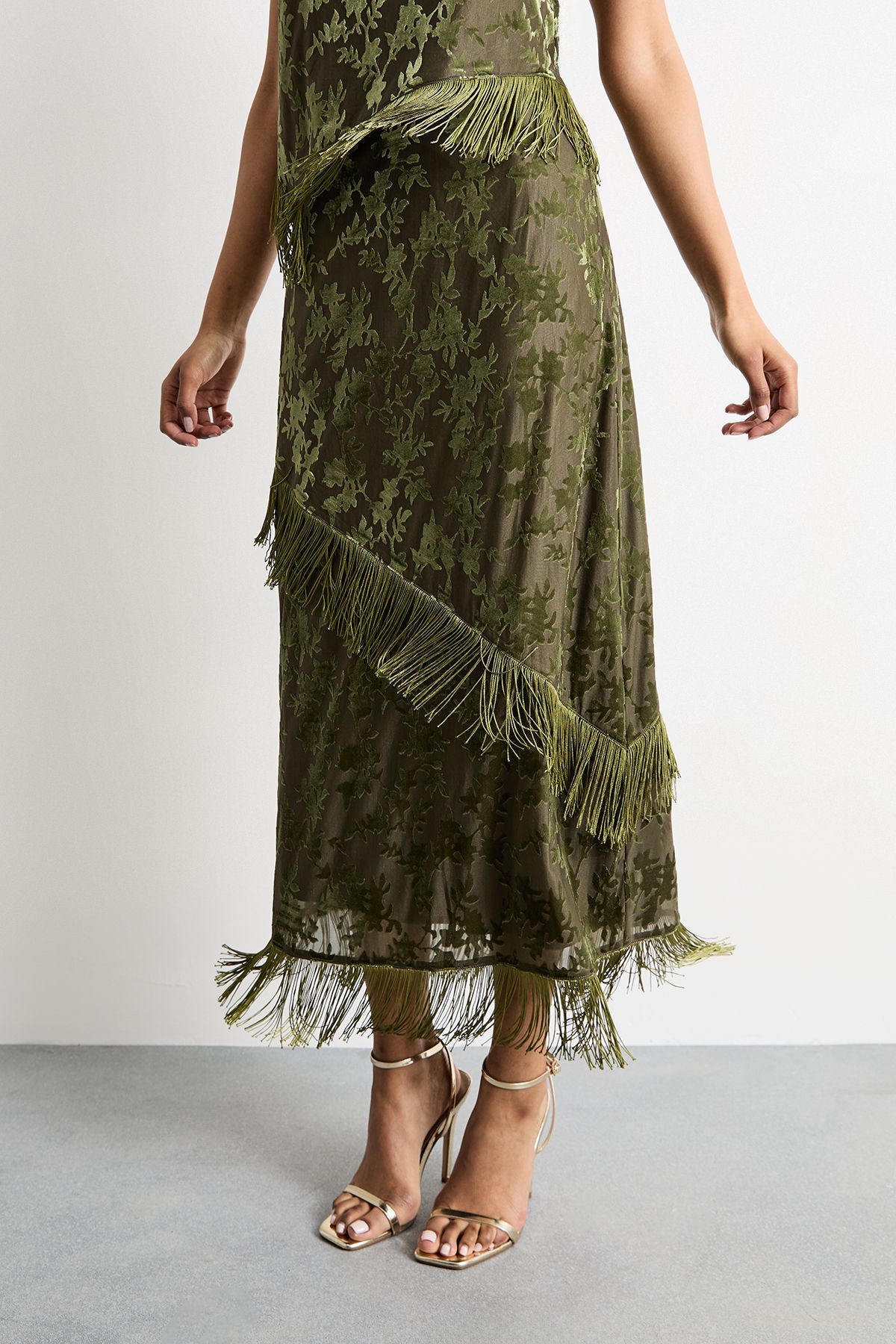 Warehouse Devore Fringe Detail Midi Skirt