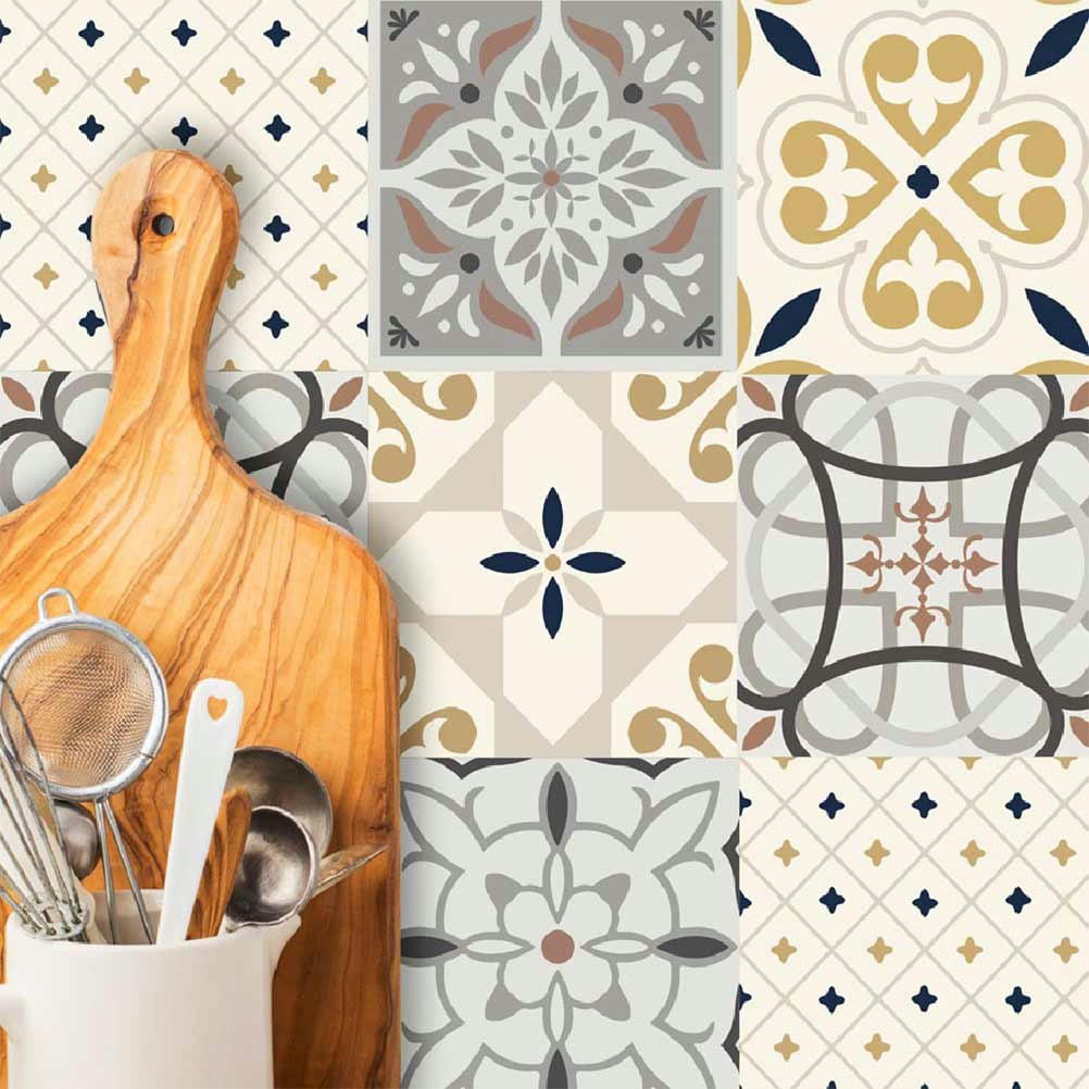 - 6 stickers carreaux de ciment beige or et bleu 15x15cm