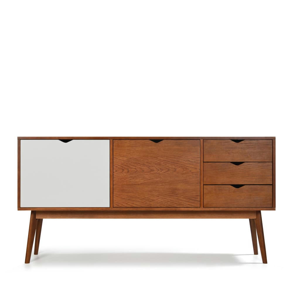 STRÖM - Buffet design 2 portes 3 tiroirs teinté noyer L170 cm porte blanche