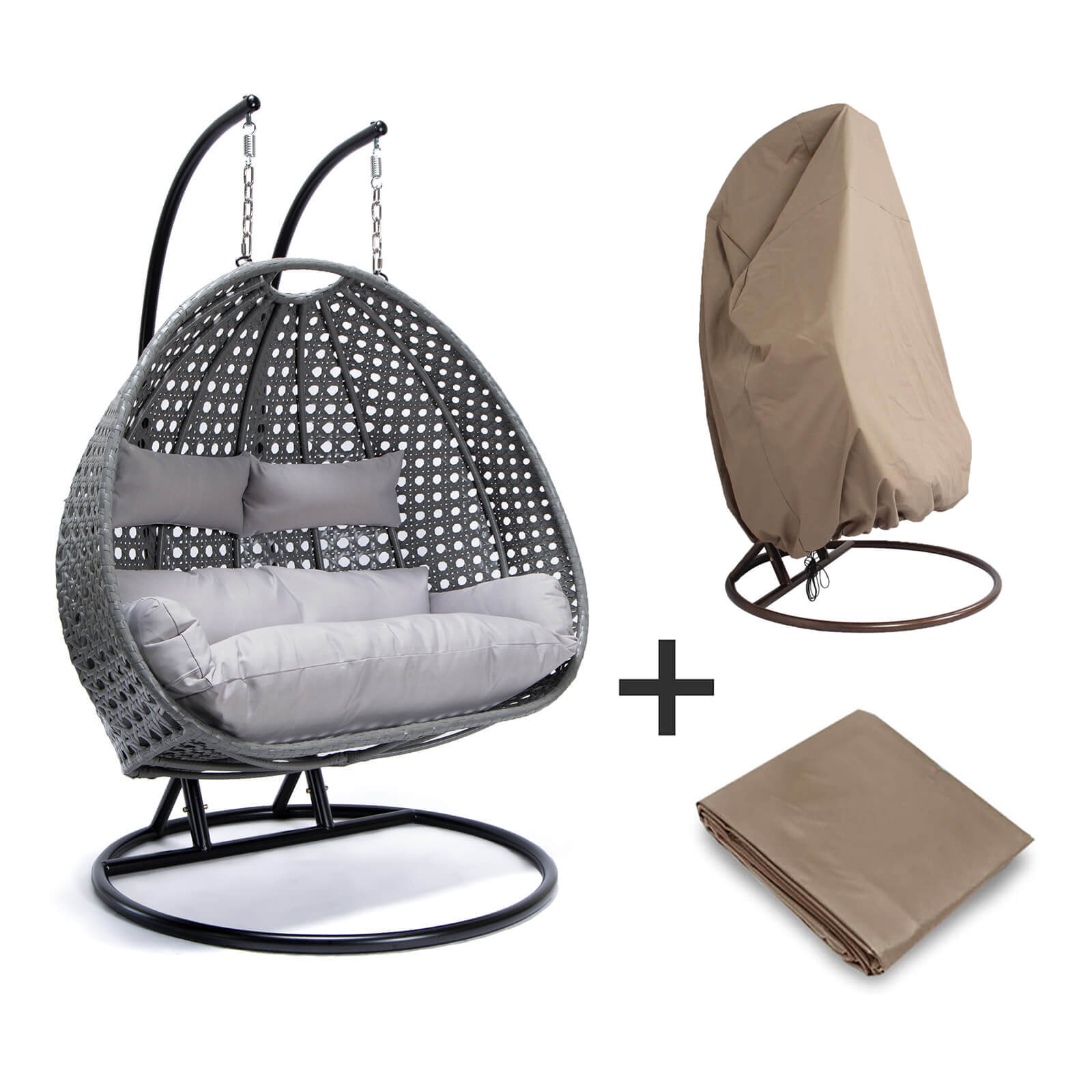 Home Deluxe - Polyrattan hangstoel met regenhoes TWIN | Kleur: Grijs, Eigenschappen: Met regenhoes