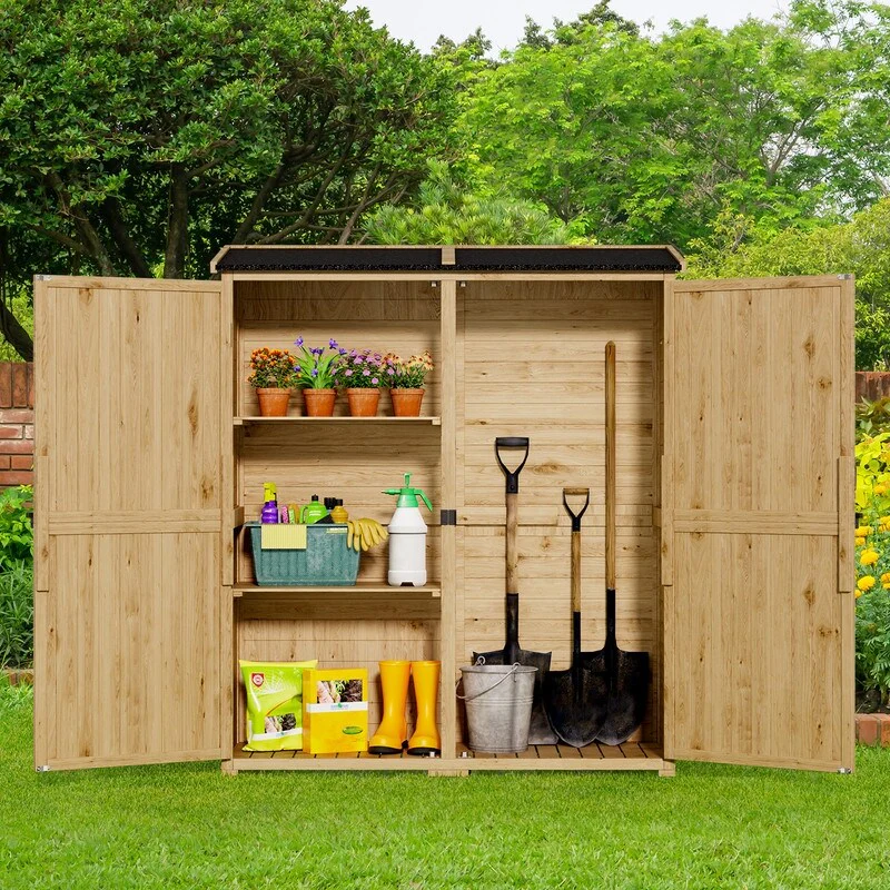 Outdoor Storage Cabinet with Waterproof Roof, Double Lockable Doors Garden Shed with 2 Removable Shelves