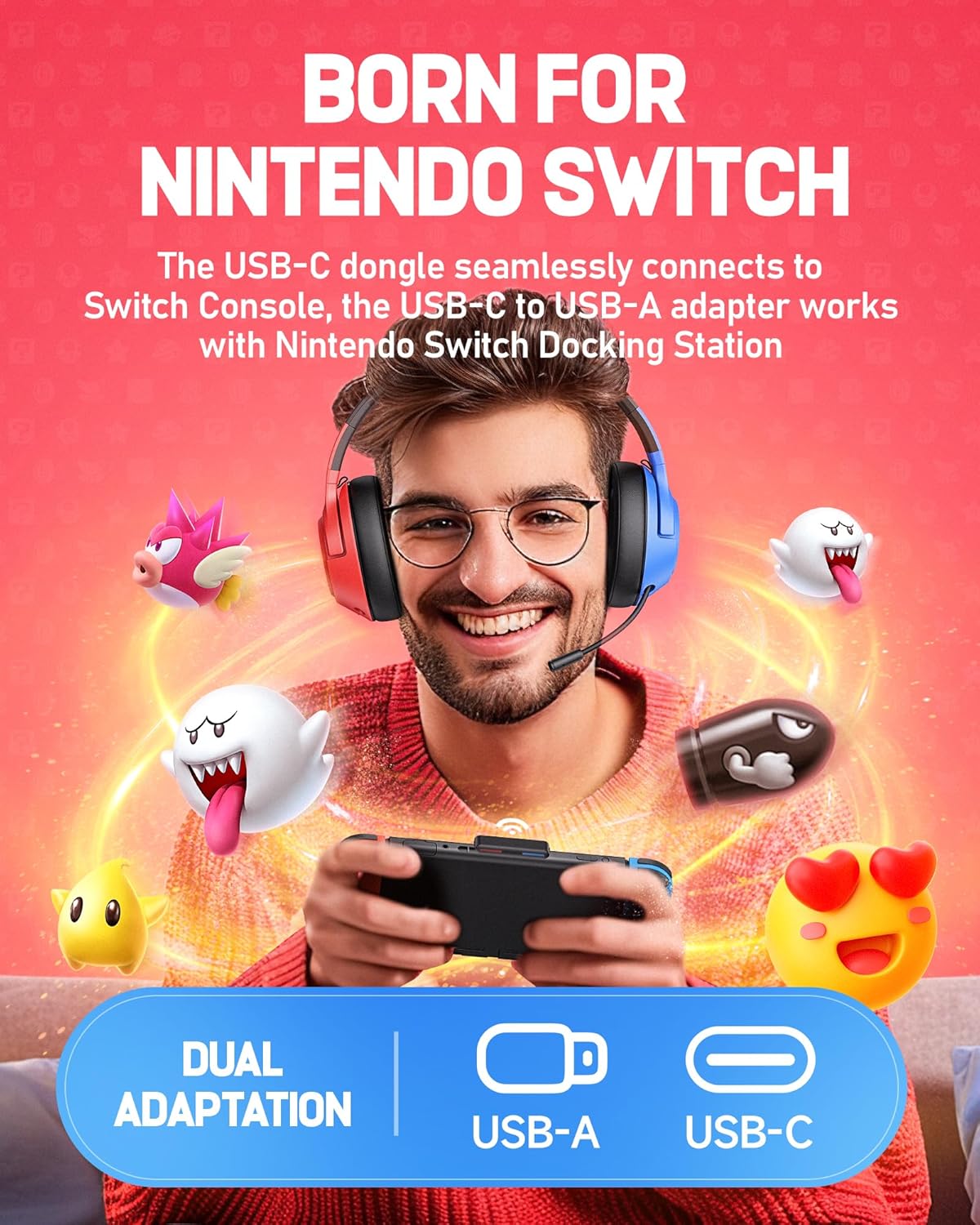 CG-01 2.4Ghz Wireless Gaming Headset for Nintendo Switch丨OLED丨Lite, Bluetooth 5.4 Gaming Headphones with Noise Cancelling Microphone, 40Hr Battery, USB & Type-C Connector for PS5, PS4, PC, Laptop, Mac