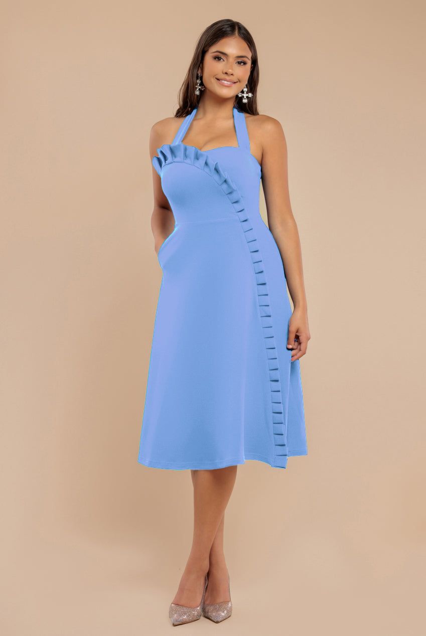 Goddiva Frilled Halter Neck Strap Midi Dress