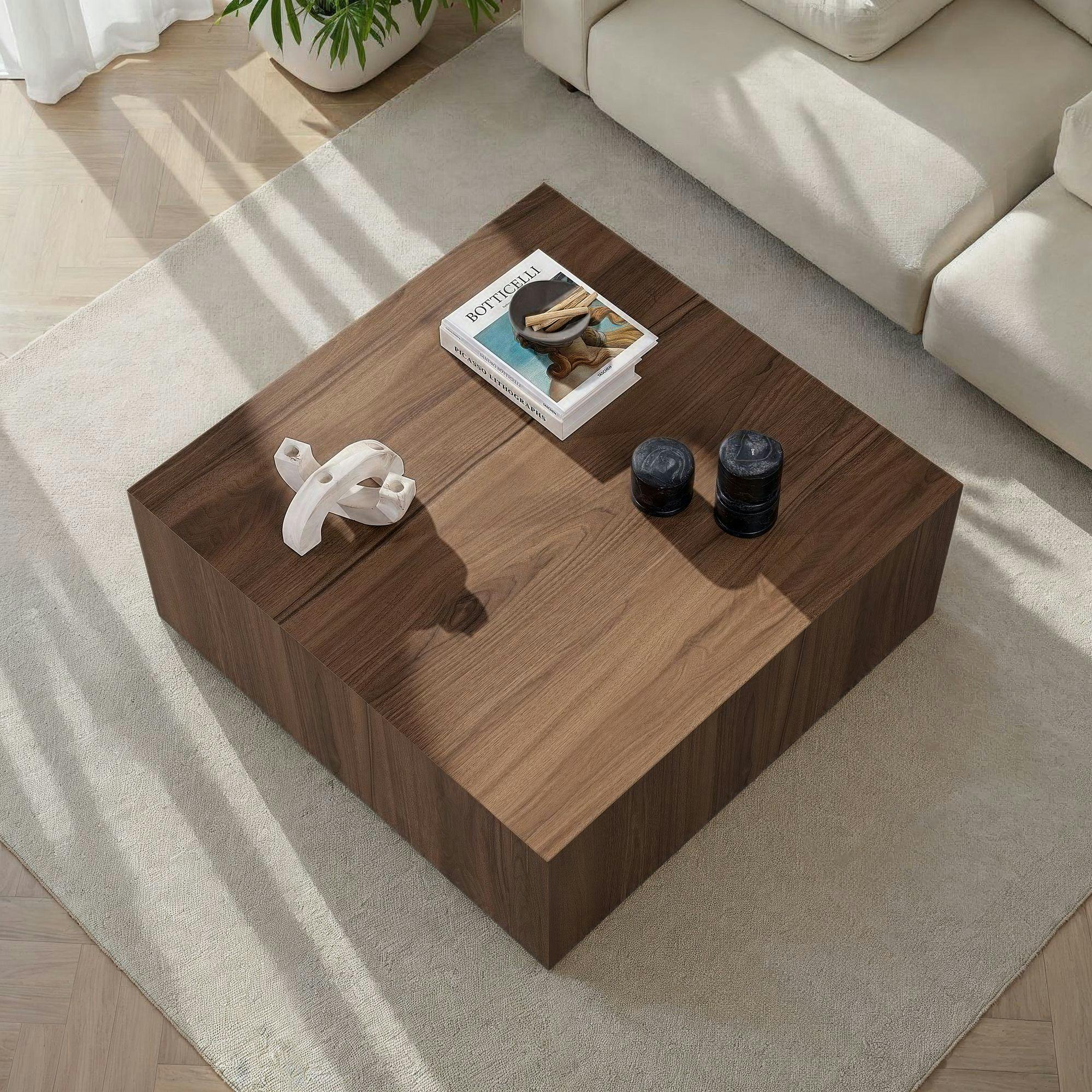 Table basse carrée effet noyer roulettes invisibles MARFA