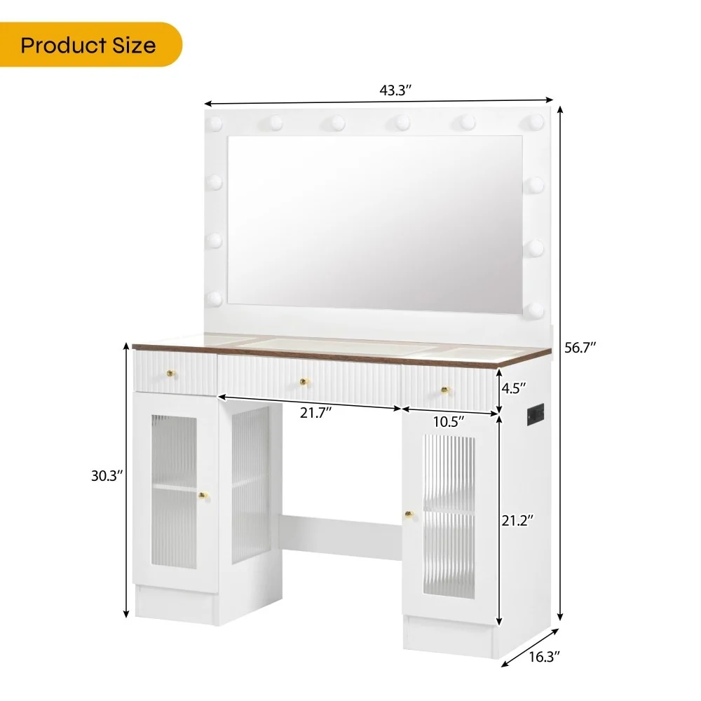 43.3 Modern Vanity Desk with Large Mirror and 3 Color Hollywood Bulbs