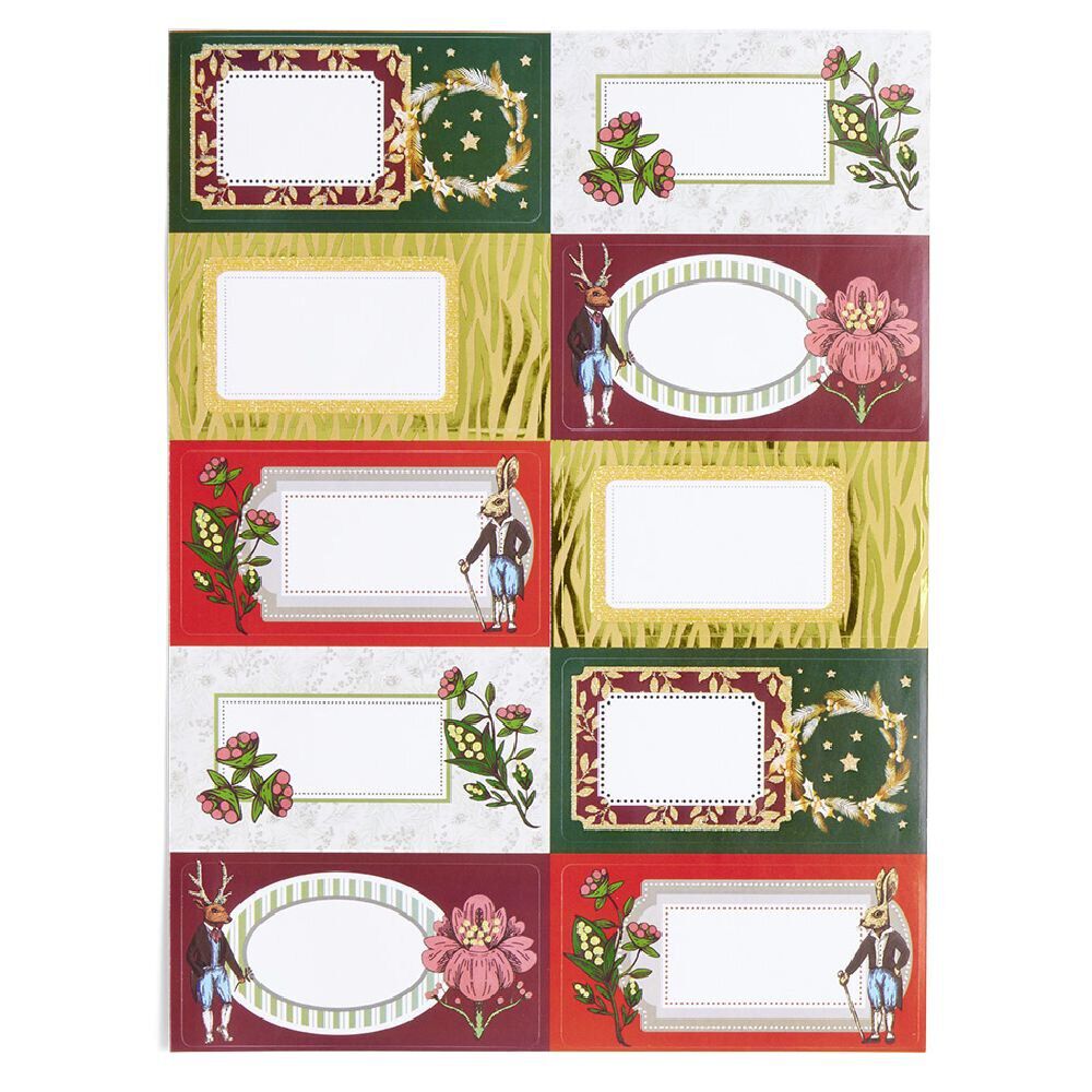 étiquette cadeau autocollante No&euml;l fleurs vintage lapin 4x8cm x10