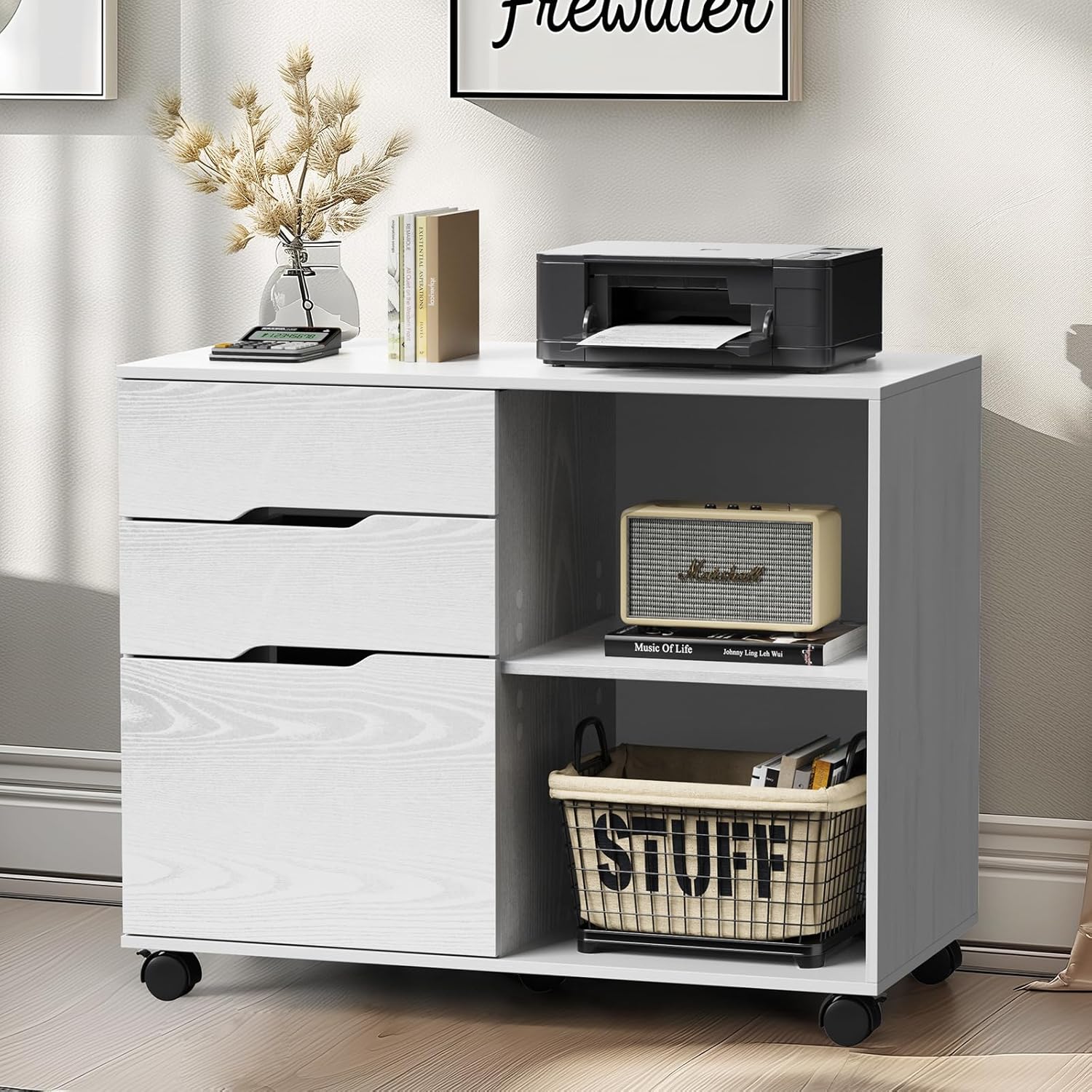 DUMOS Lateral File Cabinet with 3 Drawers Rolling Filing Cabinets Under Desk Storage Printer Stand Wood Organizer with Wheels Adjustable Shelf for Office Home Small Space, White