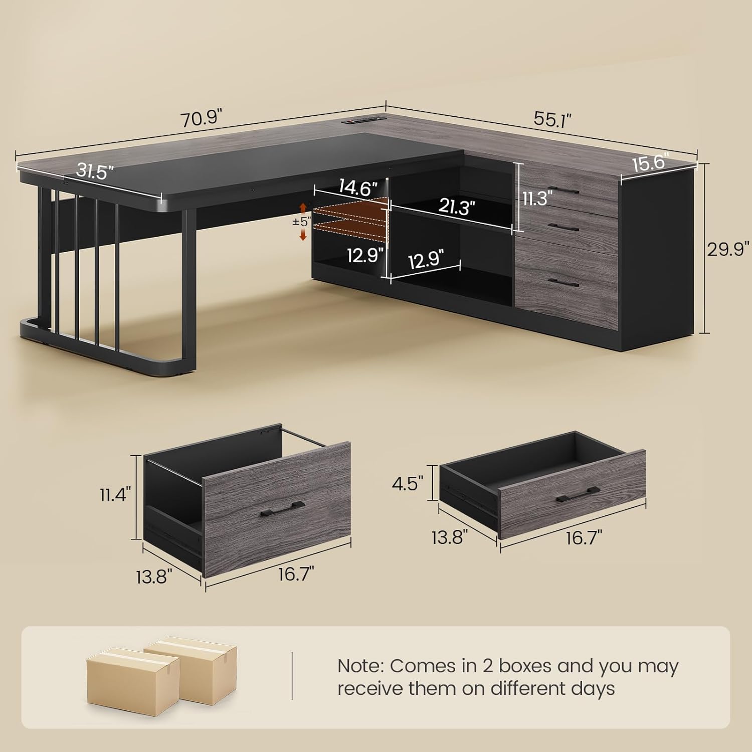 71 Executive Desk, Large Office Desk with Drawers & Storage Shelves, Modern L Shaped Computer Desk Corner Desk with Power Outlets, File Cabinet, Business Furniture Desk Workstation (Grey)