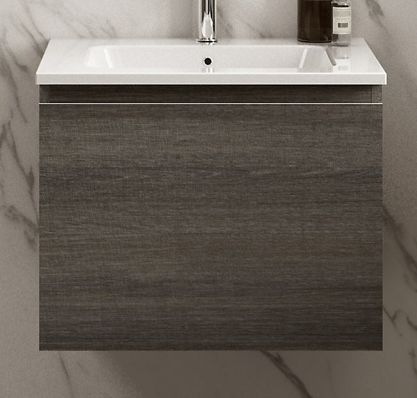 Meuble vasque suspendu effet chêne Metz l.60 cm   plan vasque blanc brillant résine, Pura