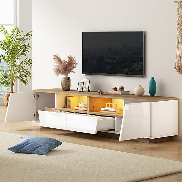 Meuble TV Bas Moderne, LED, 2 Tiroirs, 2 Portes et 2 Niches Ouvertes, Finition Laquée Brillante - Blanc et Bois - 180x40x46 cm