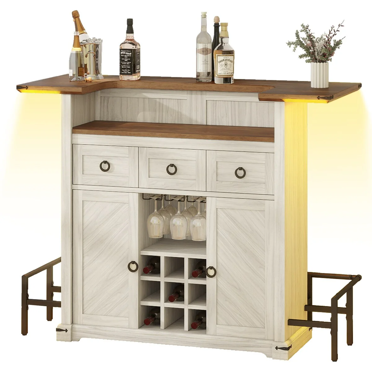 Moasis Farmhouse LED Bar Cabinet w/ Footrest, Home Bar Unit with Glasses Holder and Wine Storage