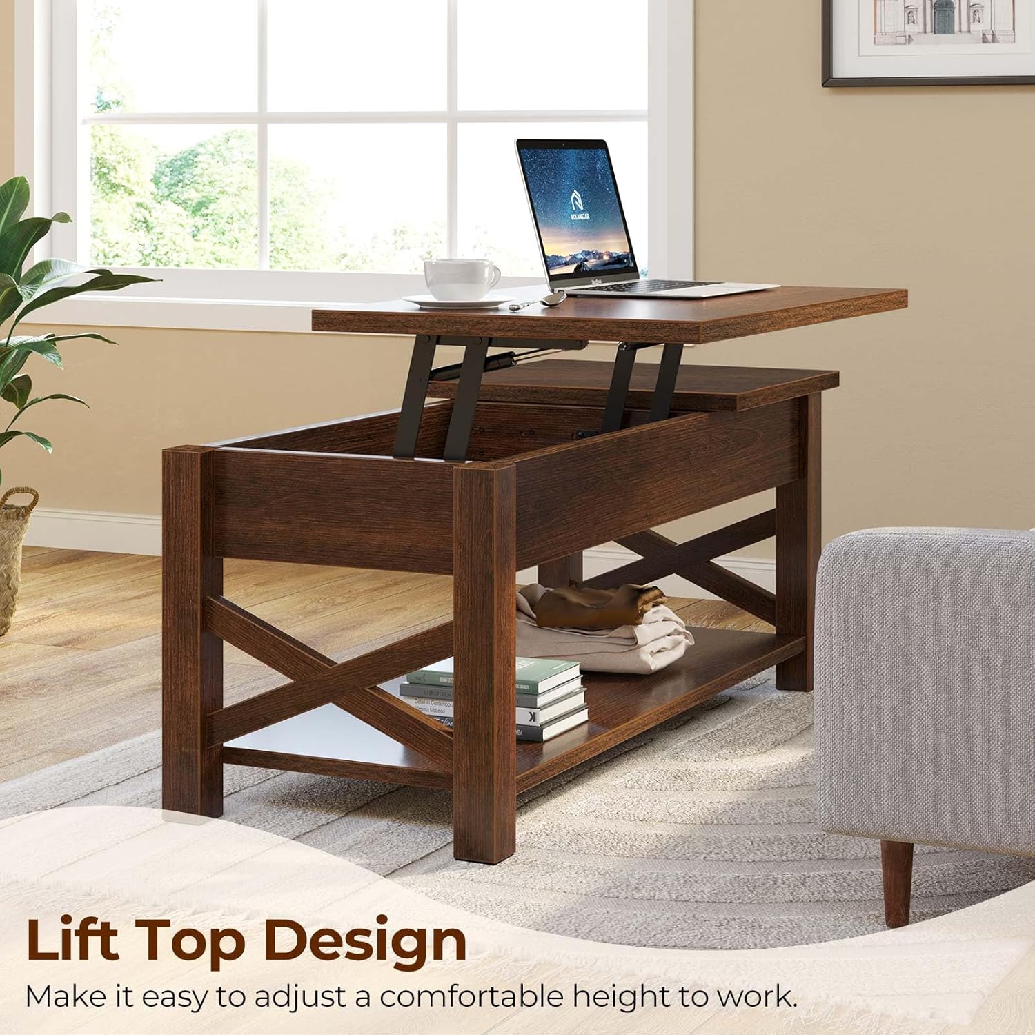 Rolanstar Coffee Table, 47.2 Lift Top with Hidden Compartment, 2 Way Lift Top Coffee Table with Open Shelf & X Wooded Support, Farmhouse Center Table for Living Room, Espresso