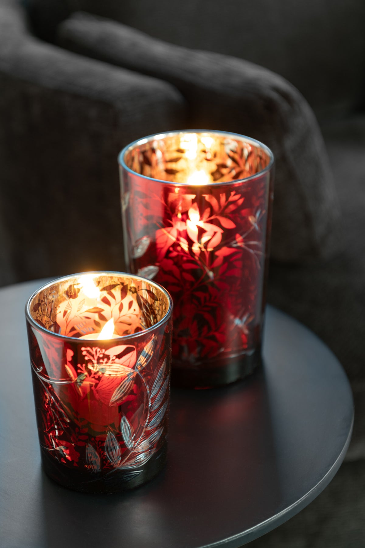 J-Line windlicht Blaadjes - glas - rood/goud - small