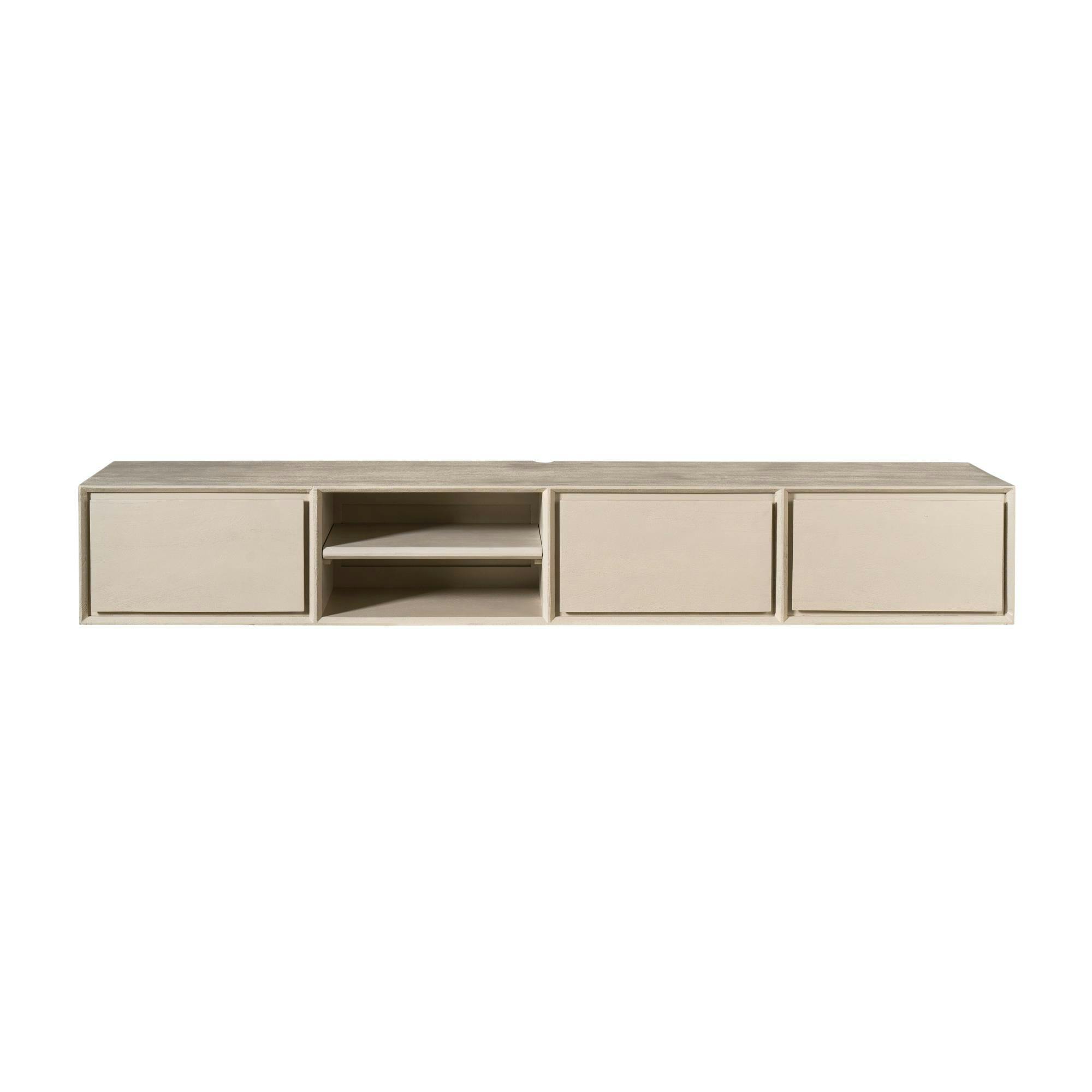 Long meuble TV suspendu bois sable 3 tiroirs 1 niche 240 cm AERA