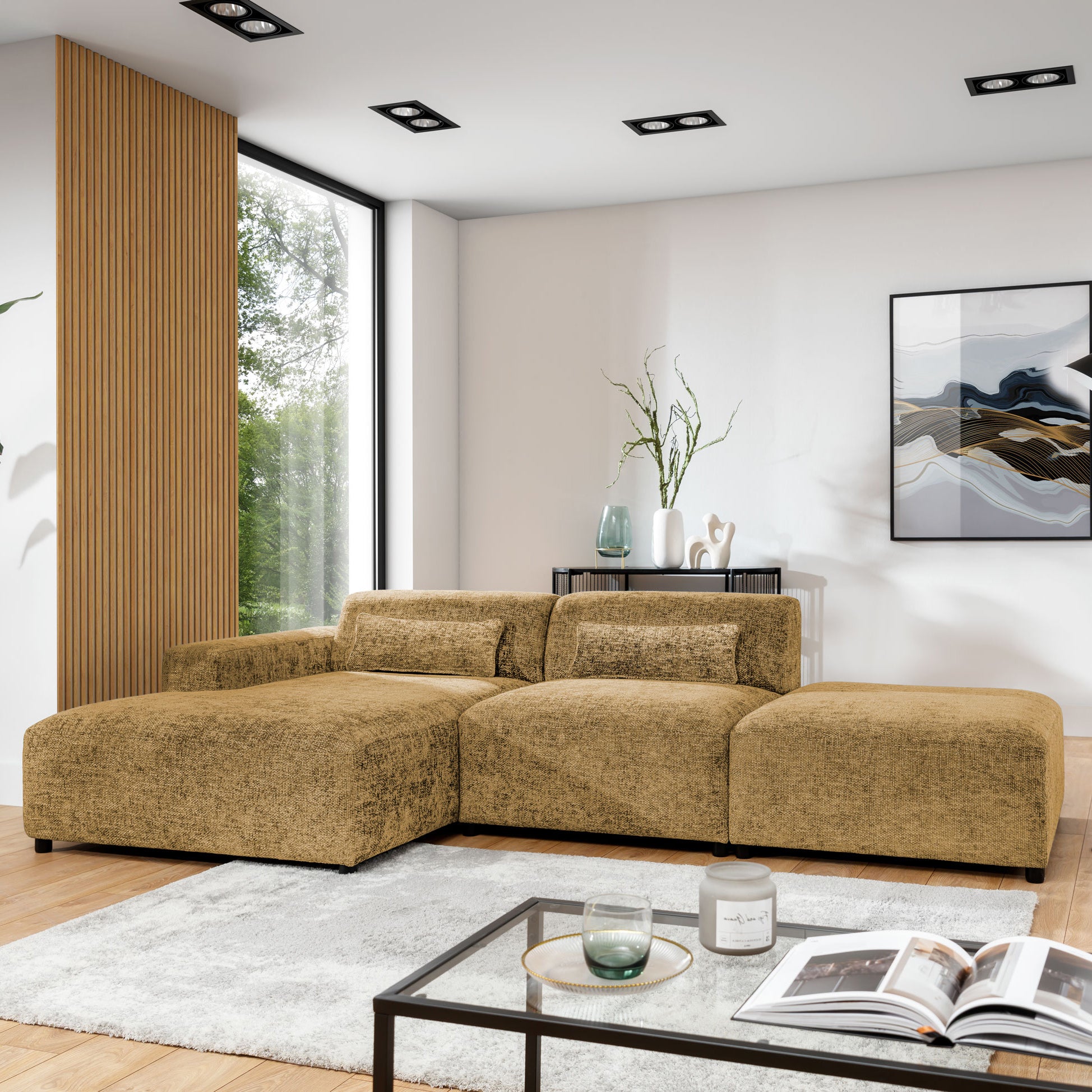 by fonQ Velura Hoekbank Links met Hocker - Chenille - Oker