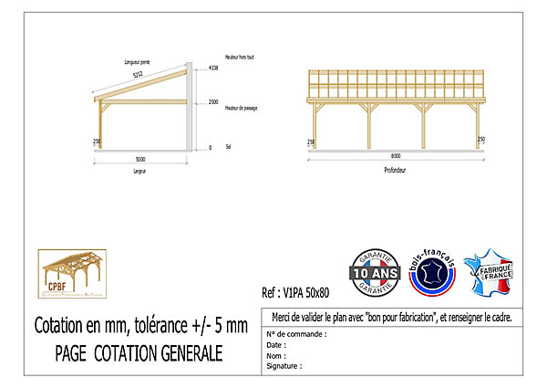 Carport adossé une pente 500cmx800cm, bois DOUGLAS Français (Charpente en bois-auvent-abri voiture) 40 m². Garantie 10 ans