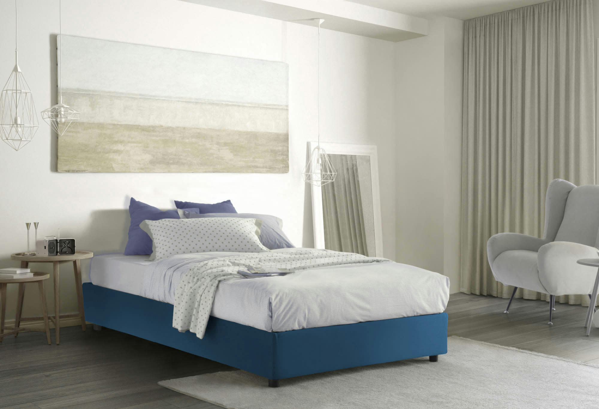 CHLOE - Lit coffre 140x200 cm en tissu bleu
