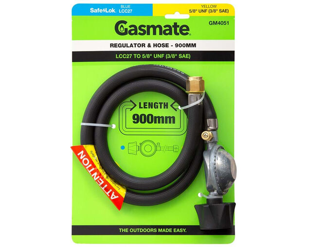 Gasmate PVC Hose & Regulator - 900mm (LCC27 TO 5/8" UNF (3/8" SAE))