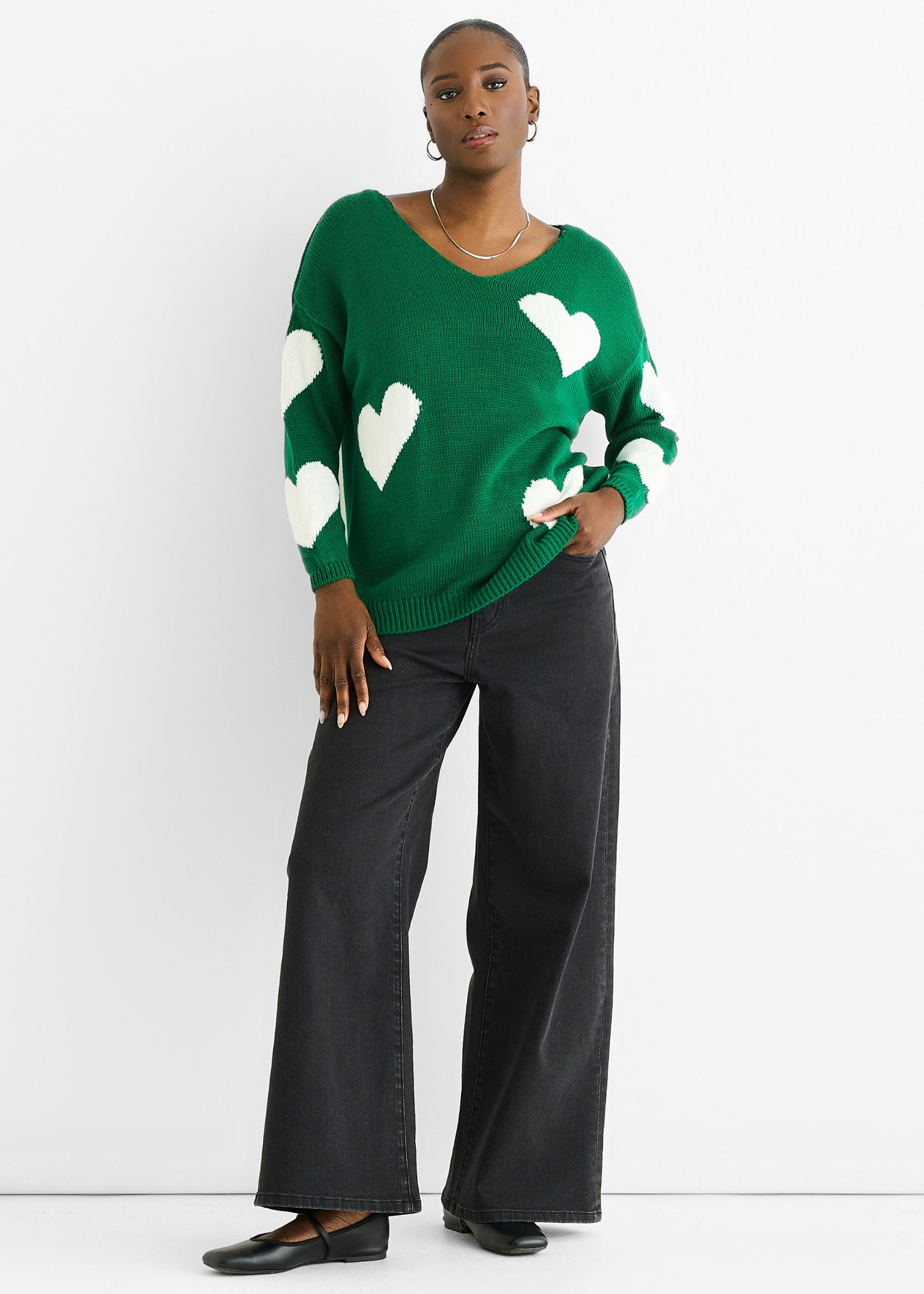 Gini London Green V Neck Oversized Heart Knit Jumper