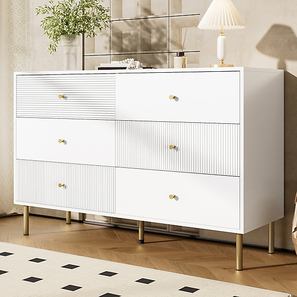 Commode Moderne 6 Tiroirs - Poignées Alliage, Pieds Acier - Mdf - Blanc - 120x40x78cm