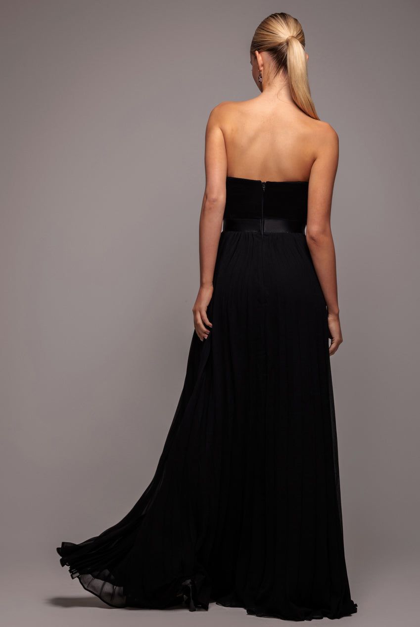Goddiva Feather Off The Shoulder Pleated Evening Maxi Dress