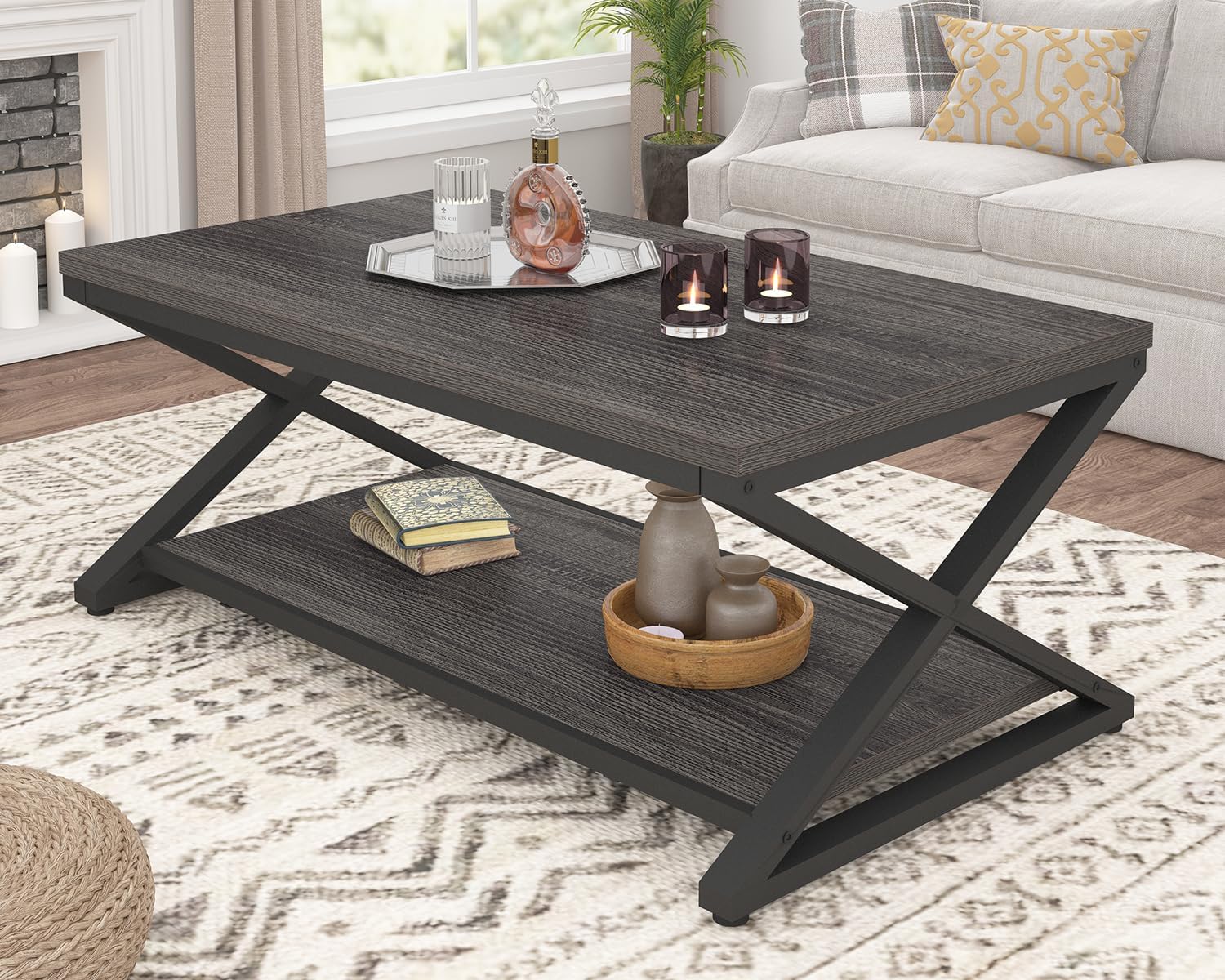 HSH Gray Storage Coffee Table, Modern Center Table for Living Room with Display Shelf, Simple Metal Wooden Rectangle Cocktail Tea Table, Minimalist Home Office Bedroom 2 Tier Coffee Table, 39 Inch