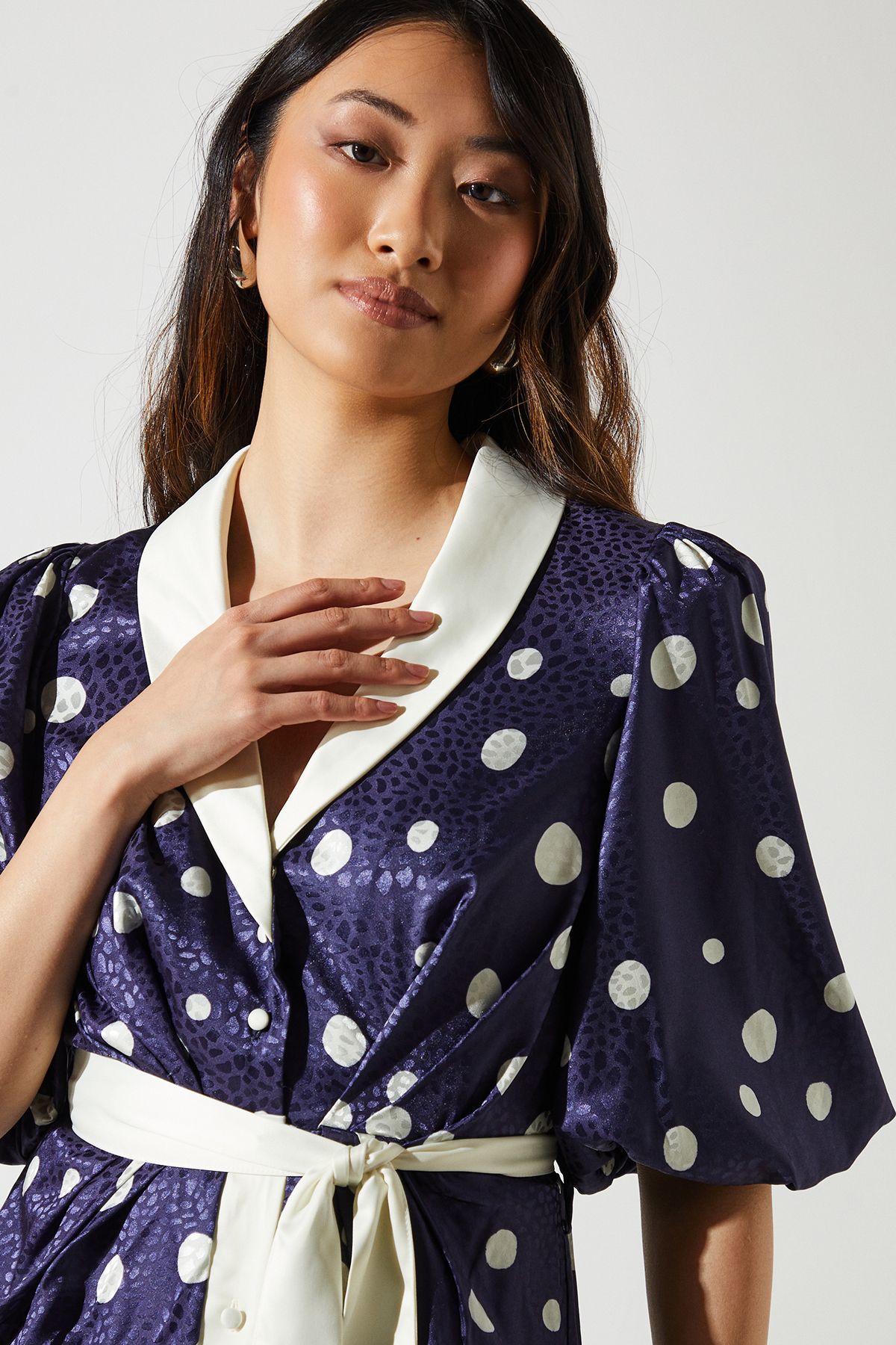 Coast Short Sleeve Satin Polka-Dot Wrap Dress