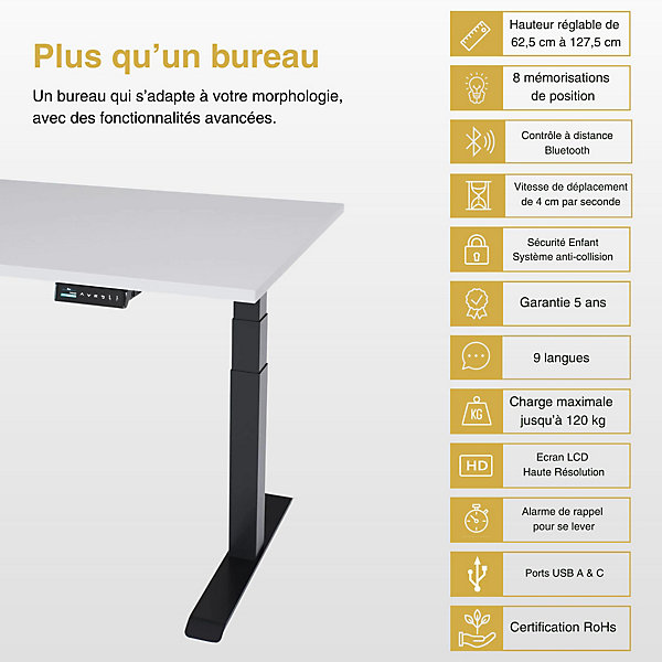 AUM WORLD Bureau Assis Debout électrique, 180x80, 2 moteurs, 8 Mémoires, 62-127cm, Noir, Blanc