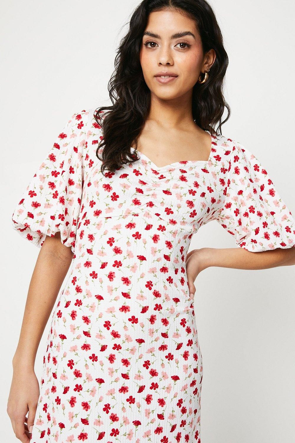 Dorothy Perkins Petite Ditsy Ruched Front Puff Sleeve Jersey Midi Dress