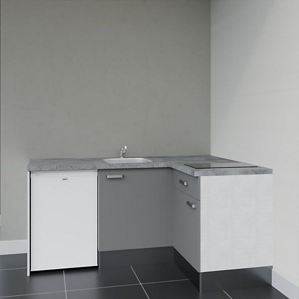 Kitchenette KA01 façades Gris - Plan de travail Gris béton - Crédences : Non - Evier inox - Electroménager Blanc inclus