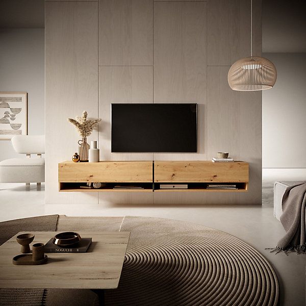 Meuble TV Mirrgo 200 cm chêne artisan et détails graphite