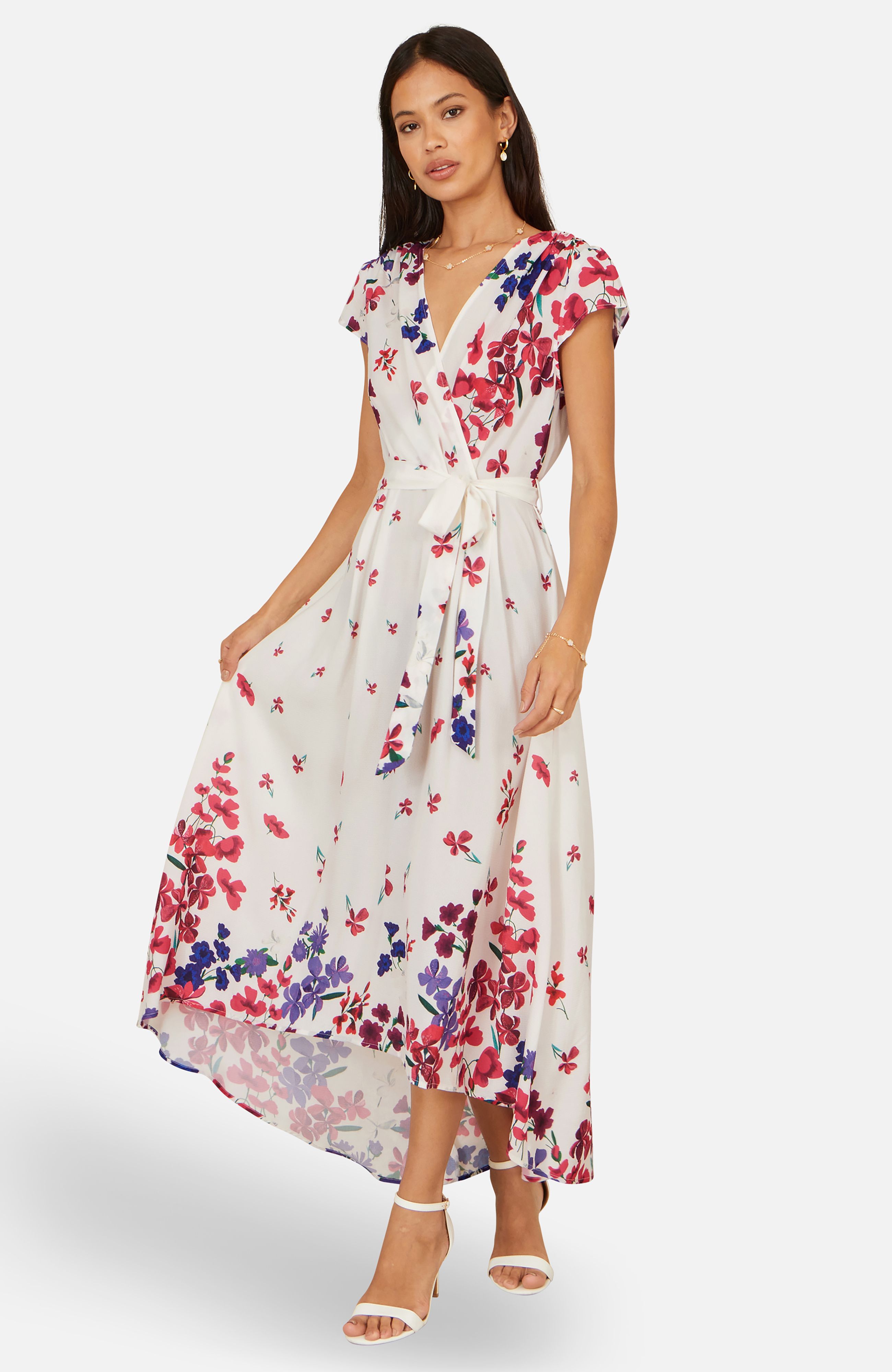Yumi Floral Mirror Wrap Dress With Dip Hem