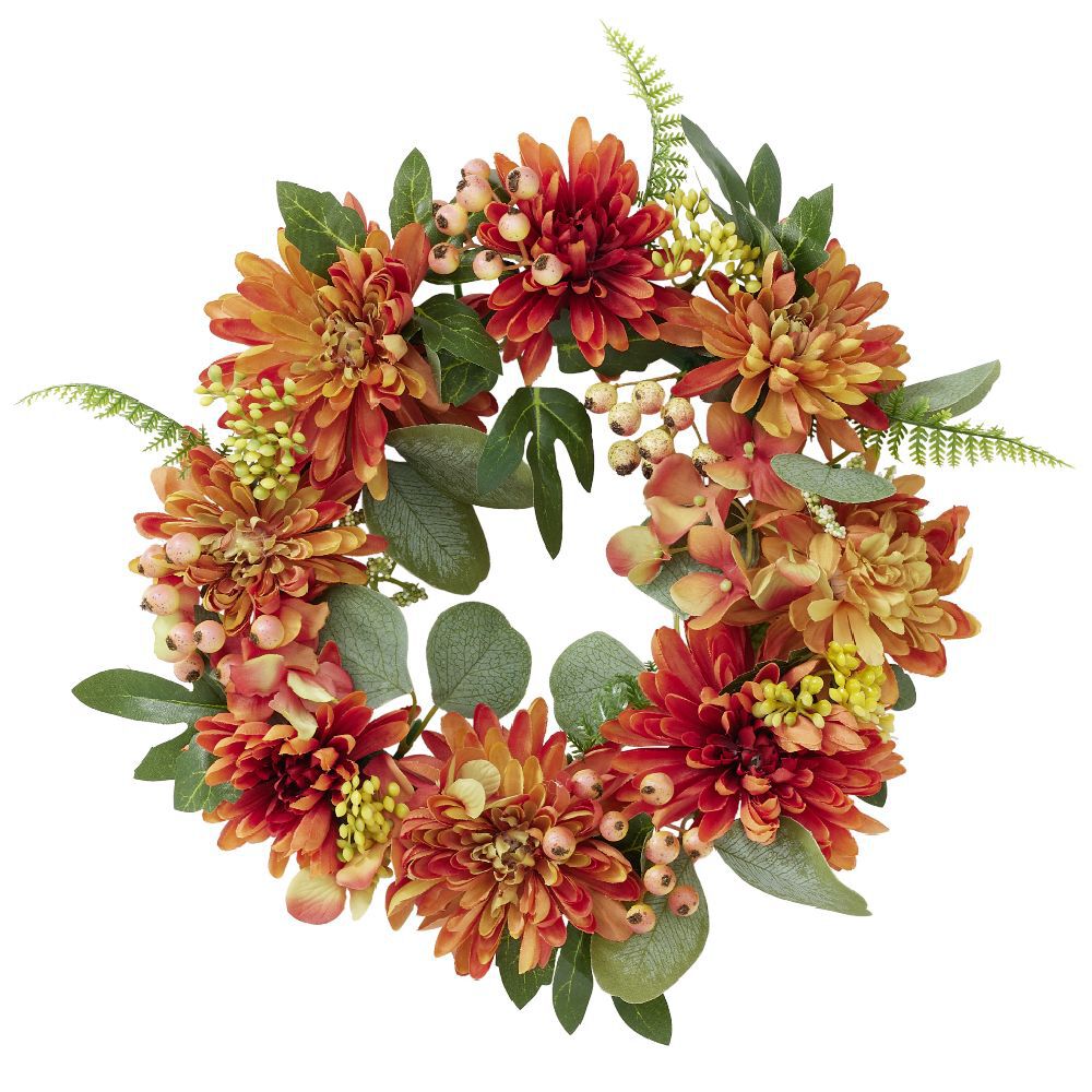 Couronne de fleurs artificielles dahlia et gypsophile orange Ø30cm