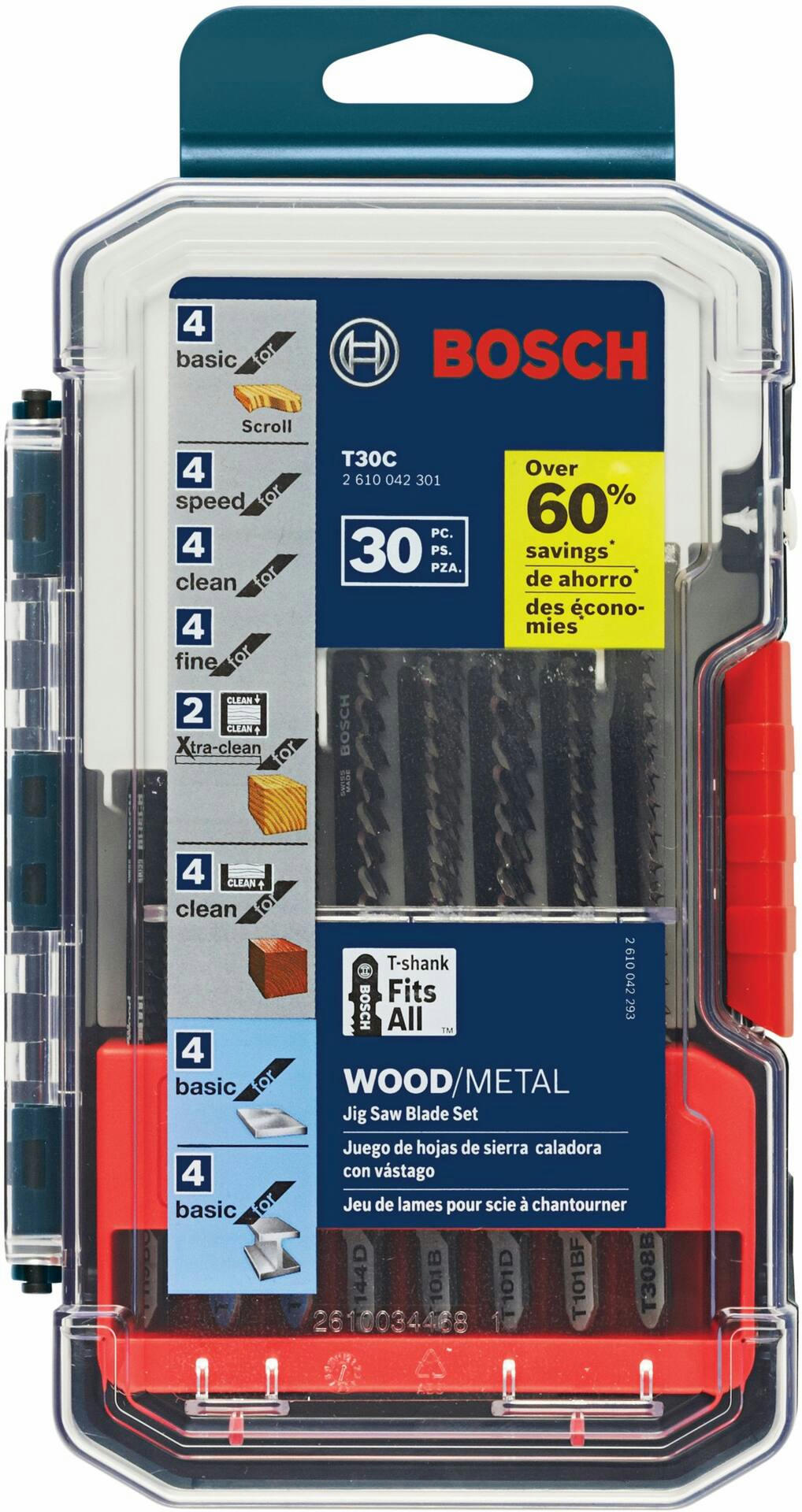 Bosch T30C T-Shank Bi-Metal Jigsaw Blade Set for Wood, Metal, 30-pc