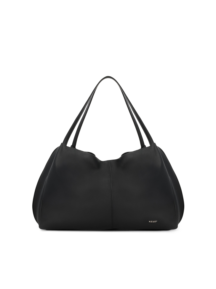 Black natural leather handbag with a loose fit
