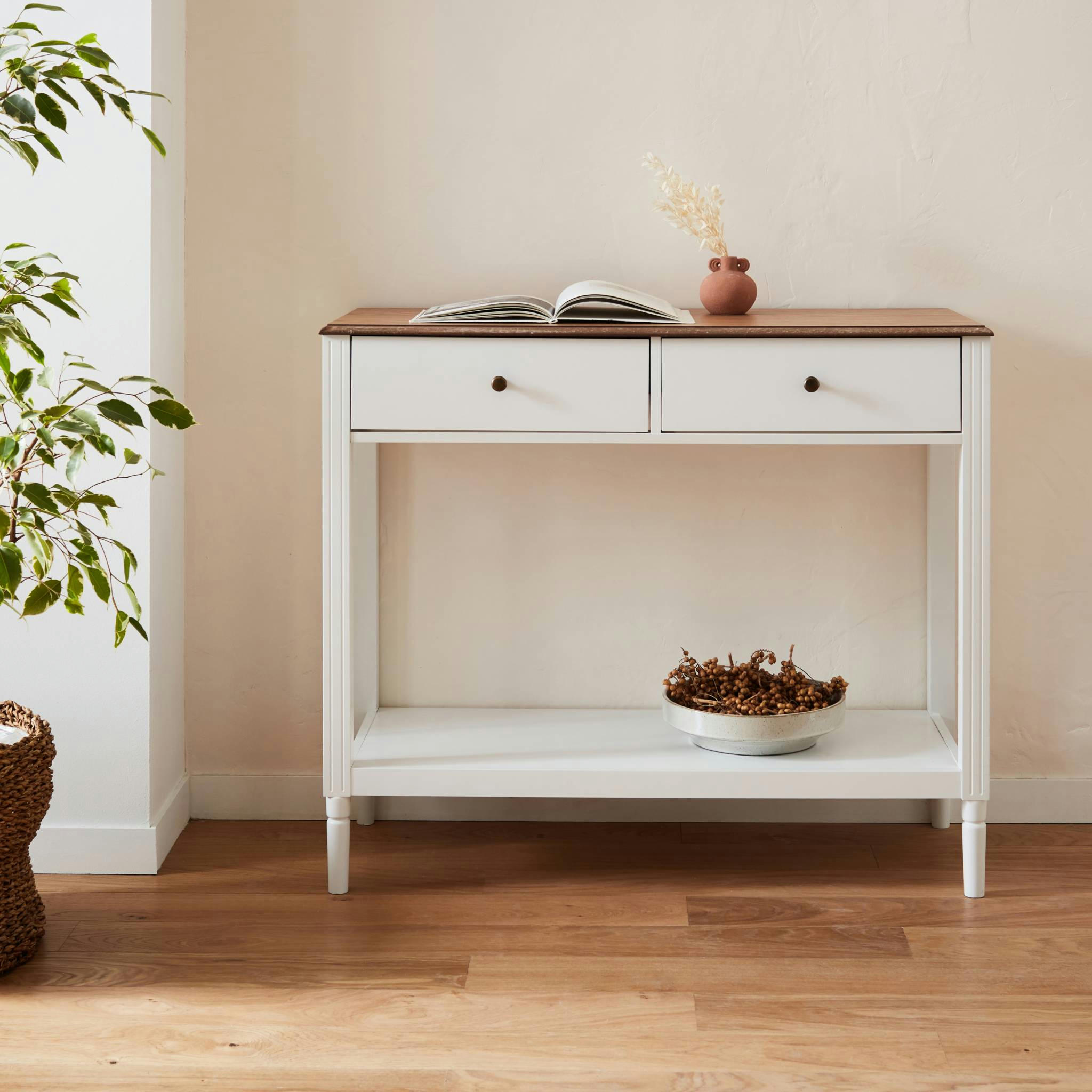 CELESTE - Console avec 2 tiroirs, placage bois de frêne, bois et blanc